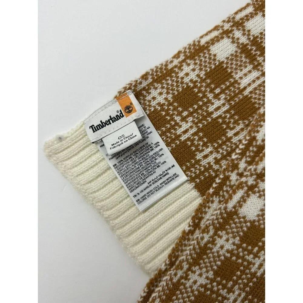 Timberland Scarf Houndstooth Plaid Knit Cozy‎ Logo Checker Tan Cream Fall Winter